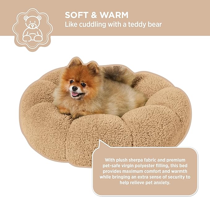 Lesure Calming Small Dog Bed - Flower Donut Round Fluffy Puppy Bed in Plush Teddy Sherpa, Non-Slip Cute Flower Cat Beds for Indoor Cats, Small Pet Bed Fits up to 25 lbs, Machine Washable, Camel 23"