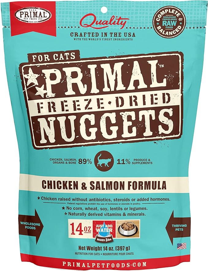 Primal Freeze Dried Cat Food Nuggets Chicken & Salmon; Complete & Balanced Meal or Topper; Premium, Healthy, Grain Free, High Protein Raw Cat Food with Probiotics (14 oz)