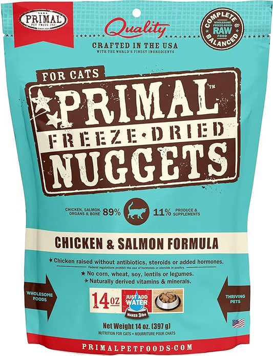 Primal Freeze Dried Cat Food Nuggets Chicken & Salmon; Complete & Balanced Meal or Topper; Premium, Healthy, Grain Free, High Protein Raw Cat Food with Probiotics (14 oz)