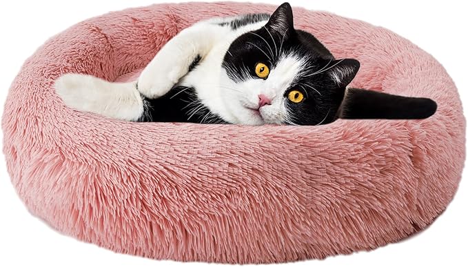 Aurako Cat Bed Dog Bed Round Cushion Pet Bed Mat Ultra Soft Plush Donut Sofa Comfortable Pillow Machine Washable Pet Cuddle Beds for Kitten Small Medium Large Dogs Cats 20" Rose Red