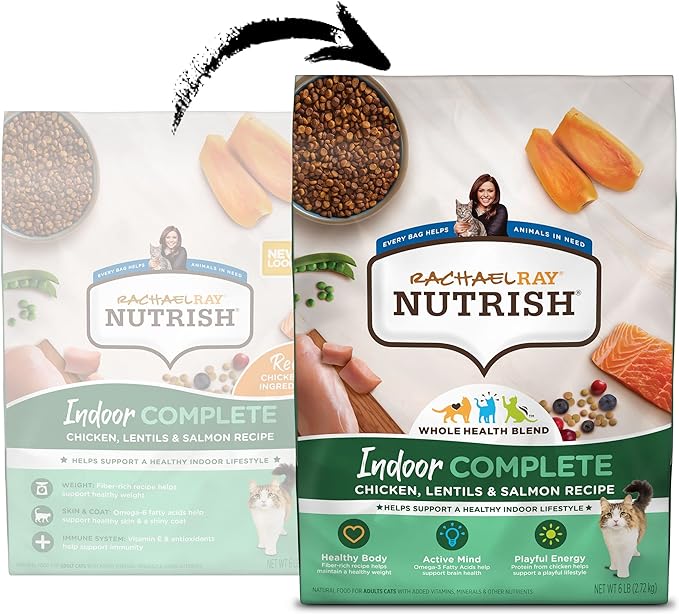 Rachael Ray Nutrish Indoor Complete Premium Natural Dry Cat Food with Added Vitamins, Minerals & Other Nutrients, Chicken with Lentils & Salmon Recipe, 6 Pounds (Packaging May Vary)