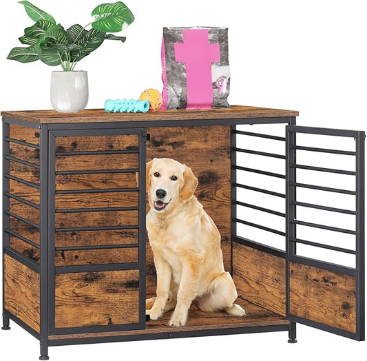 Dog Crate Furniture, Melos Wooden Heavy Duty Dog Cage Side End Table, Indoor Dog Kennel, Decorative Style Steel Tube Structure Pet Crate House for Large/Medium/Small Dog, Rustic Brown