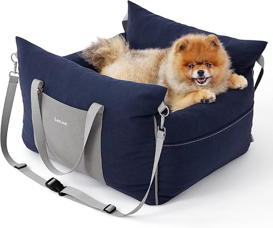 Lesure Small Dog Car Seat for Small Dogs - Waterproof Dog Booster Seat for Car with Storage Pockets and Clip-On Safety Leash and Thickened Memory Foam Filling, Pet Travel Carrier Bed Navy