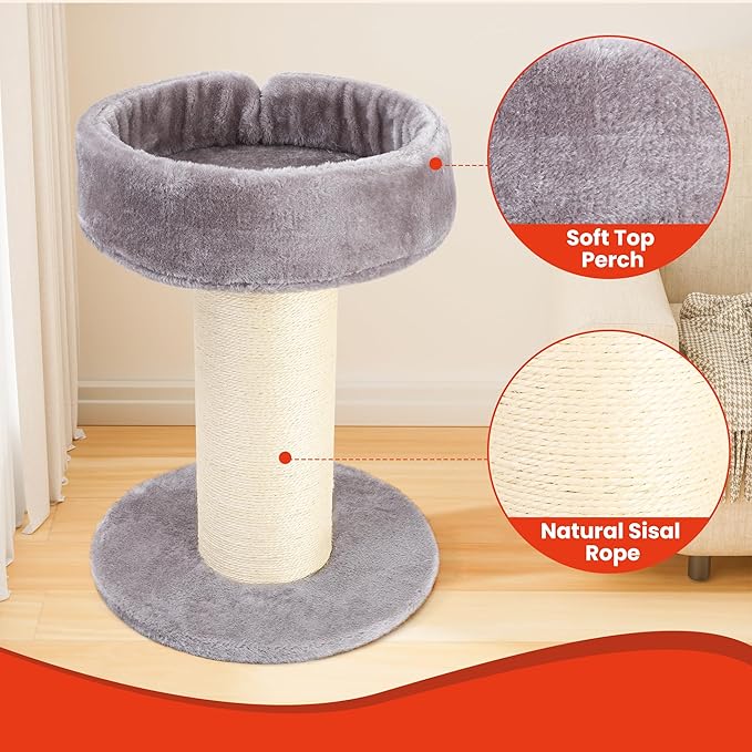 Cat Scratching Post Bed，Tall Cat Scratcher for Indoor Cats with Super Thick Nature Sisal Scratching Post [Dia=6'']， Removable Fluffy Cat Bed for Kitten & Adult Cats (Gery, L)