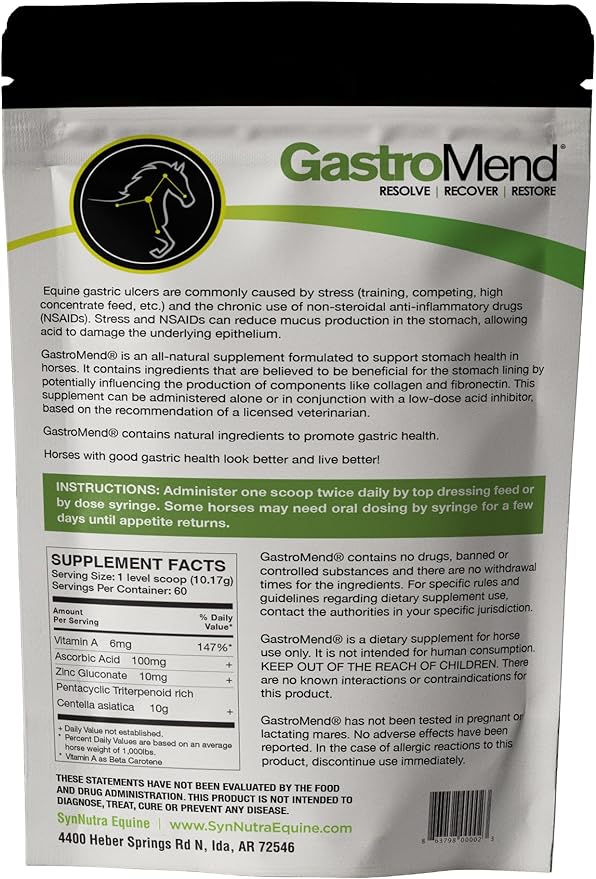 GastroMend® Gastrointestinal Health Supplement for Horses, 100% Natural, Promotes Stomach and Gut Health in Equines, Cost-Effective Digestive Wellness, 60 Servings per Pouch, Made in The USA