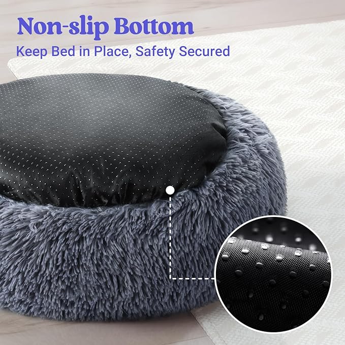 rabbitgoo Calming Dog Bed for Small Dog, 27 inches Pet Bed Washable, Fluffy Round Bed, Non-Slip Plush Large Cat Bed, Soft Cushion for Puppy, Dark Grey