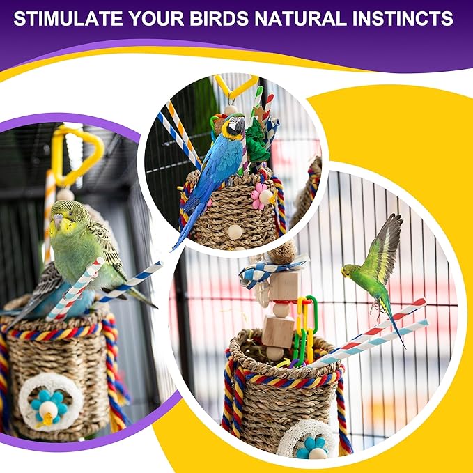 Bird Parakeet Foraging Toys 2PCS - Parrot Cage Accessories Stuff, Natural Woven Climbing Perch Nest, Chewing Toys for Budgerigars, Conure, Cockatiel, Finch, Lovebirds, and Medium, Small Birds