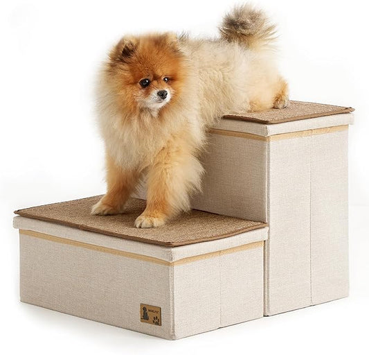 BEDELITE Dog Stairs for Small Medium or Large Dogs, 2 Tiers Dog Steps for Bed and Couch 13" H, Foldable Pet Stairs Up to 200Lbs with Detachable Mats & Storage, Beige