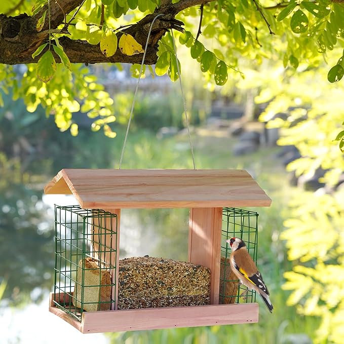 Wooden Bird Feeders with 2 Suet Cages, Large Capacity Handmade Wildbird Feeder for Outside Hanging, Pink