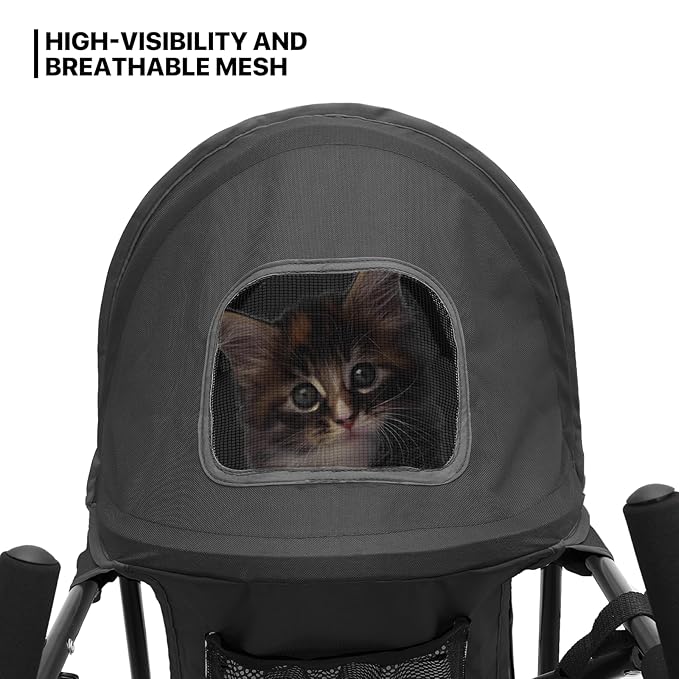 MoNiBloom 4 Wheels Pet Stroller, Easy-Fold Puppy Cage Jogger Stroller with Sun Cover, Pad and Rear Storage Bag, Breathable and Visible Mesh for Small/Medium Pets up to 22 lbs, Balck
