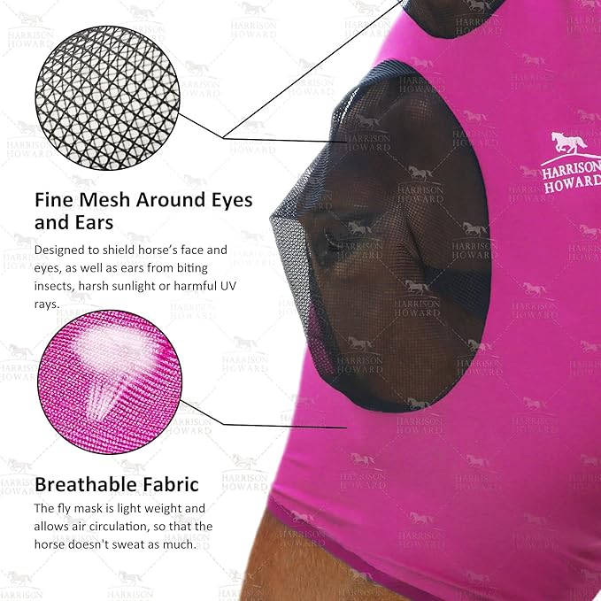 Harrison Howard Super Comfort Stretchy Fly Mask Large Eye Space with UV Protection Soft on Skin with Breathability Rose Pink Full (Large)