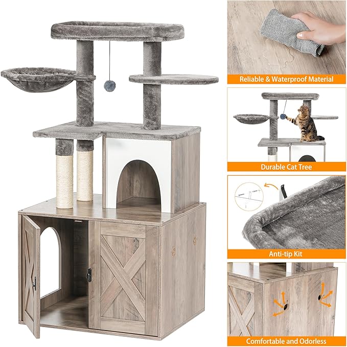 Snughome Cat Litter Box Enclosure with Cat Tree Tower and Condo, Hidden Cat Washroom Furniture with Sisal Scratching Post and Soft Plush Perch, Wooden Cat Furniture with Multiple Platforms, Grey