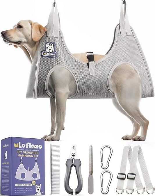 Dog Grooming Hammock Harness for Dogs & Cats with Pet Nail Clipper Trimmer - Cat Hanger Sling for Trimming Clipping Nails- Dog Hammock Restraint Bag for Small Medium Large Dog （ Grey XL ）