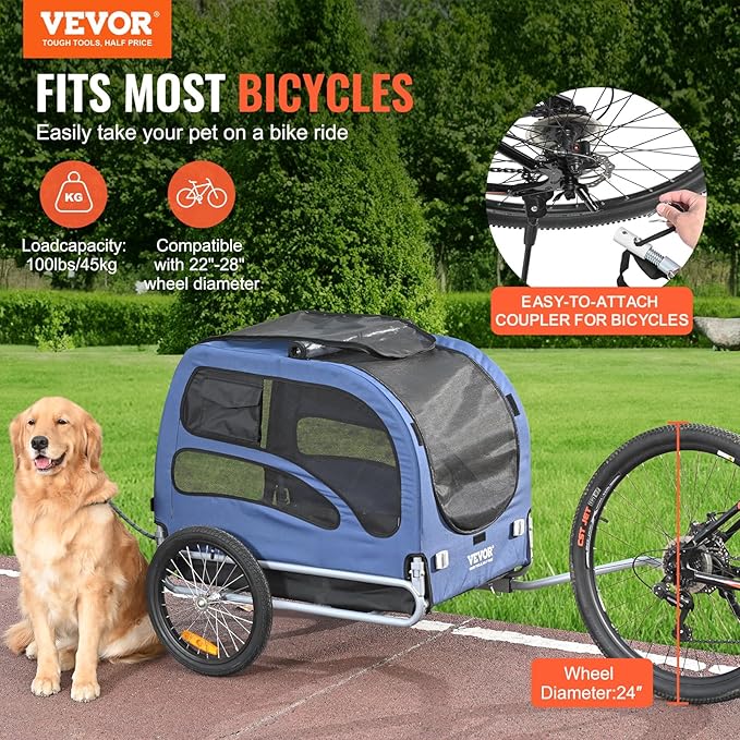 VEVOR Dog Bike Trailer, Supports up to 66/88/100 lbs, Pet Cart Bicycle Carrier, Easy Folding Frame with Quick Release Wheels, Universal Bicycle Coupler, Reflectors, Flag, Collapsible to Store