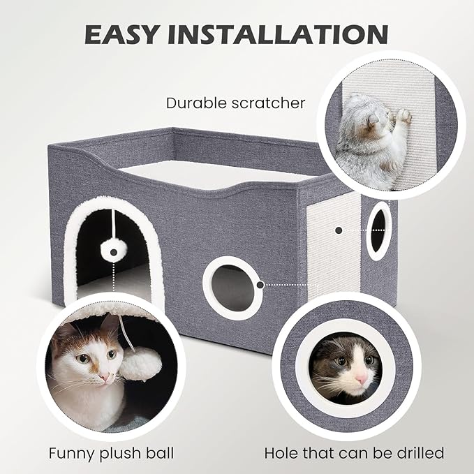 Heeyoo Cat House for Indoor Cats - Large Cat Bed Cave with Fluffy Ball and Scratch Pad, Foldable Cat Houses & Condos, Cat Cubes, Cat Hideaway, Covered Cat Bed for Multi Small Pet Large Kitty