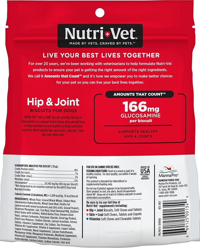 Nutri-Vet Hip & Joint Biscuits for Dogs - Tasty Dog Glucosamine Treat & Dog Joint Supplement - Small Sized Biscuit with 166mg Glucosamine - 19.5 oz - (Package May Vary)