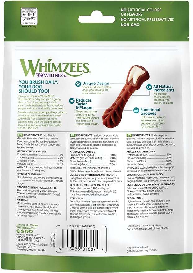 Whimzees Brushzees Dental Dog Treats for Medium Dogs (25-40 lbs), Bag of 7 Chews, Vegetable