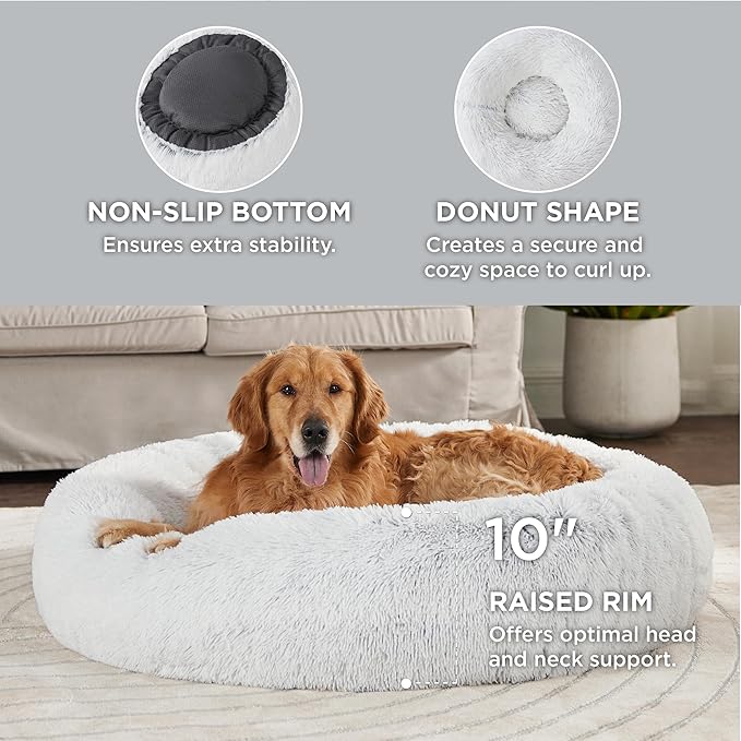 Bedsure Calming Dog Bed for Extra Large Dogs - Donut Washable Large Pet Bed, 45 inches Anti-Slip Round Fluffy Plush Faux Fur Dog Bed, Fits up to 125 lbs Pets, Frost Grey