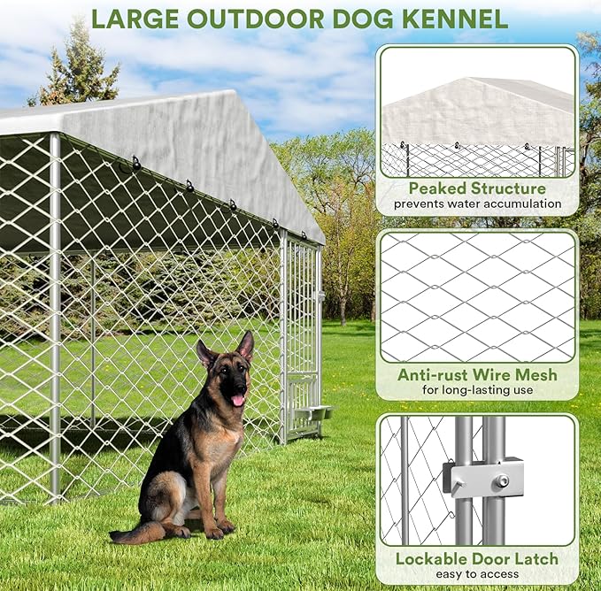 10x10 Dog Kennel Outdoor, Large Outdoor Dog Kennel with Roof, Dog Kennel Outside with Rotating Feeder Bowls, Covered Dog Outdoor Kennel for Large Medium Small Dogs