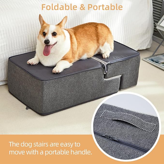 Dog Stairs for Small Dogs - Foam Pet Steps for High Beds and Couch, Non-Slip Folding Dog Steps Portable Pet Stairs for Large Dog and Cats,3 Step, Grey