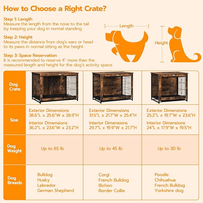 Dog Crate Furniture, 25.5" Small Dog Kennel Indoor, Wooden Dog Crate with Pull-Out Tray, Double Doors Dog House, Modern Side End Table for Small/Medium Dog, Rustic Brown BF642GW03G1