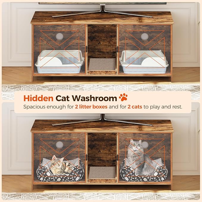 Cat Litter Box Enclosure for 2 Cats, 47.2" Hidden Cat Litter Box Furniture with Double Room, Wooden Cat Washroom with Scratching Board, Indoor Cat House End Table, Rustic Brown CWHR1201