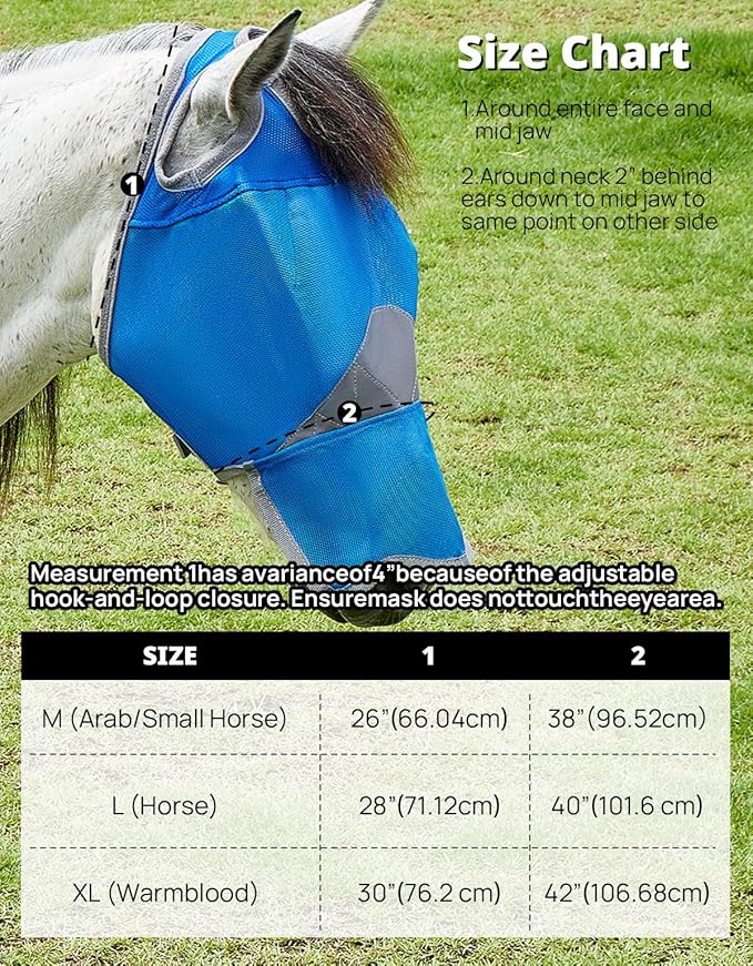 DEERFAMY Adjustable Horse Fly Mask, High-Quility Net Mesh Mask with Large Eye Space,Full Coverage, Soft & Gentle on Skin, No Ears but with Nose (Blue, XL)