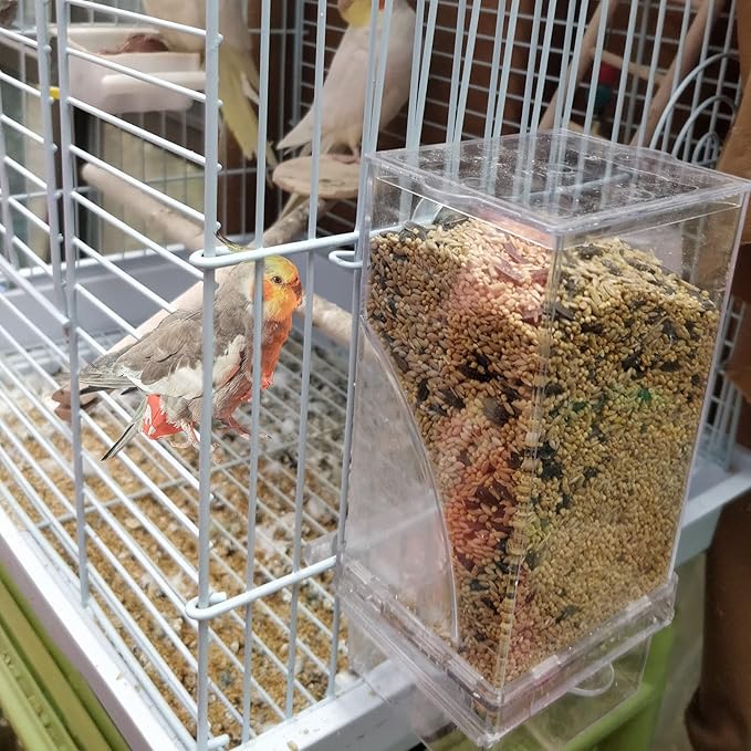 Hamiledyi No Mess Bird Cage Feeder Automatic Parrot Seed Feeders with Perch Acrylic Transparent Seed Food Container Cage Accessories for Small and Medium Parakeets Lovebirds