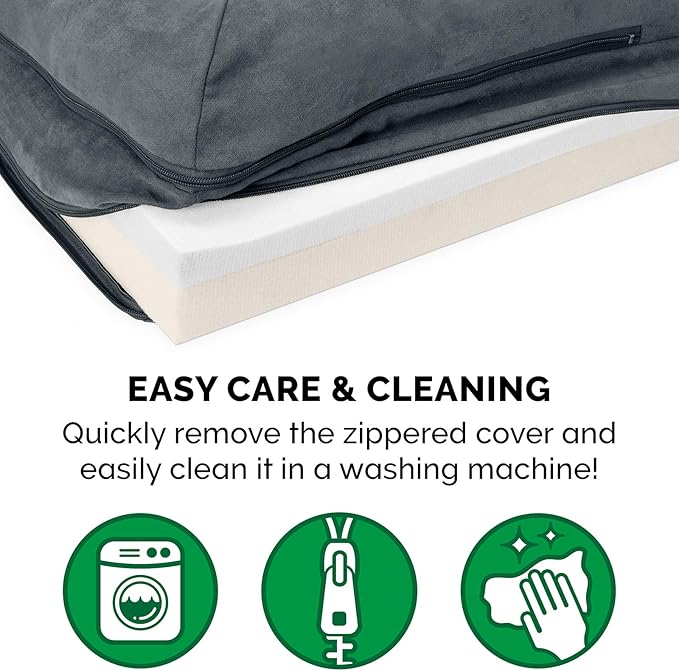 Furhaven Memory Foam Dog Bed for Large/Medium Dogs w/ Removable Bolsters & Washable Cover, For Dogs Up to 55 lbs - Two-Tone Plush Faux Fur & Suede L Shaped Chaise - Stone Gray, Large