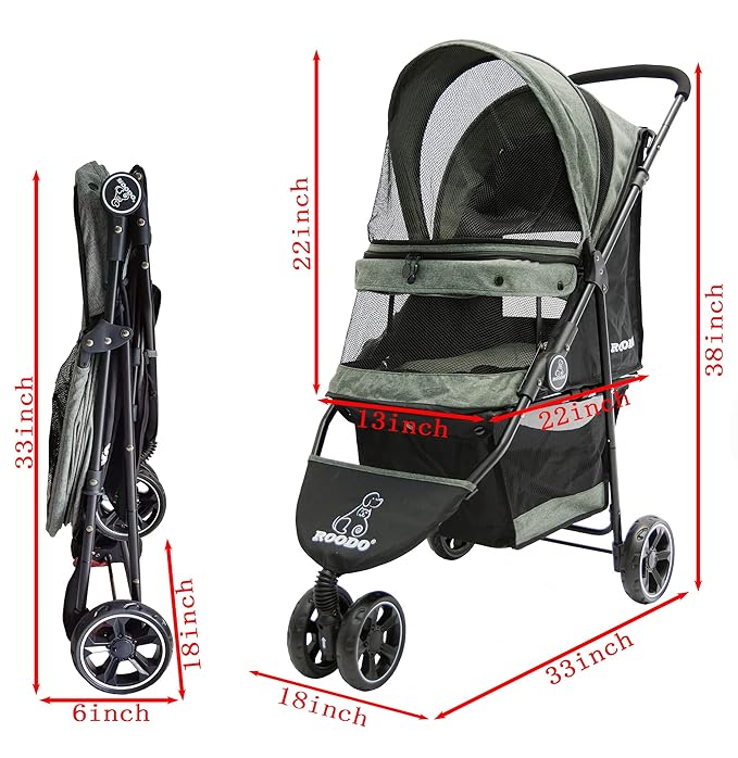 ROODO Dog Stroller 3Wheel Pet Stroller Cat Stroller Lightweight Foldable Portable Compact Jogger Pet Gear Puppy Travel Pet Stroller Suitable for 30lbs Small Dogs and Cats(Gray)