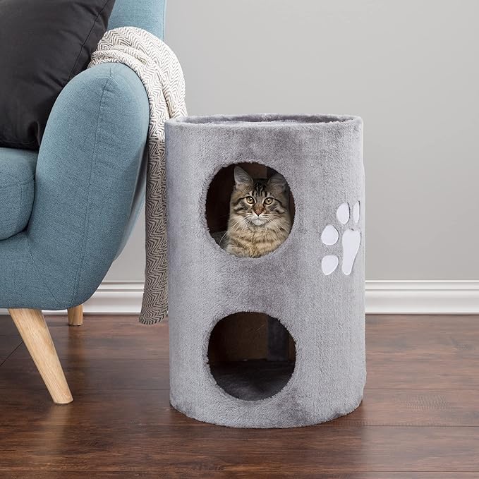 20.5-Inch Cat Condo - 2 Story Cat House with Sisal Scratch Pad, Barrel Shaped Pet House Covered in Soft Fabric by PETMAKER (Gray)