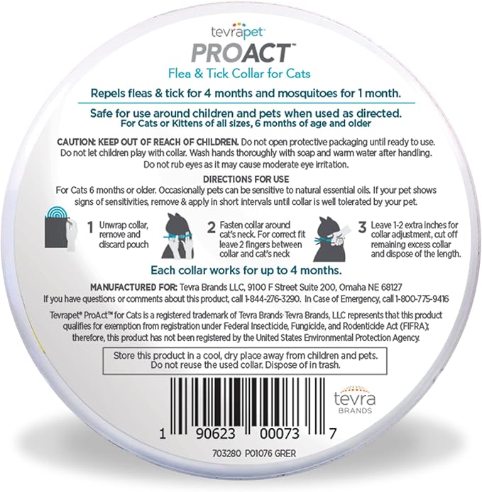 TevraPet Proact Flea and Tick Collar for Cats, 8 Months of Flea and Tick Protection, Repels Mosquitos - 2ct