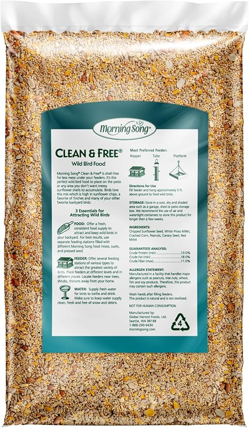 Morning Song Clean & Free Shell Free Wild Bird Food, Premium No Mess Bird Seed for Outside Feeders, 10-Pound Bag