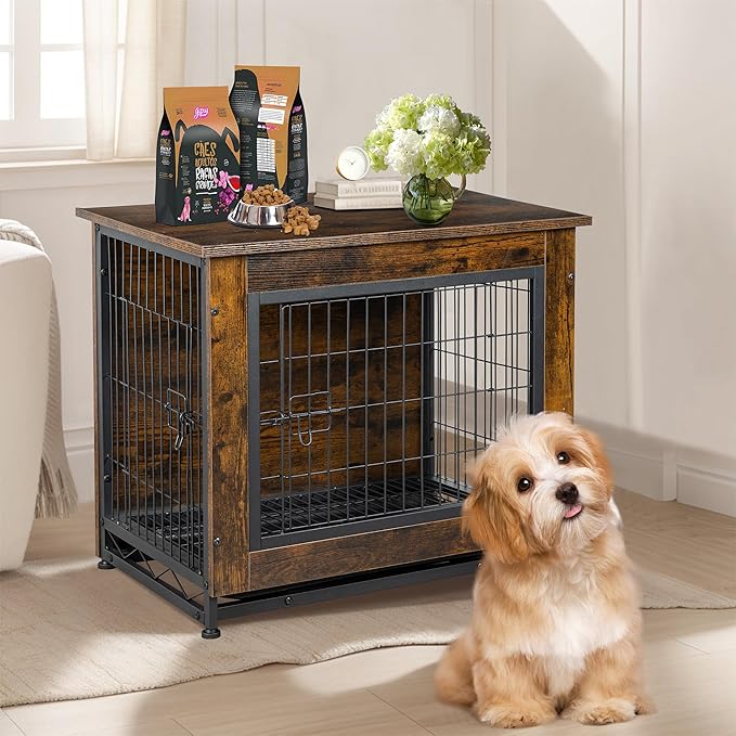 Shintenchi Wooden Dog Crate Furniture, Double-Doors Kennel Indoor with Removable Tray, End Table Dog Crate for Decoration, 27" L*20" W*24" H, Vintage Brown