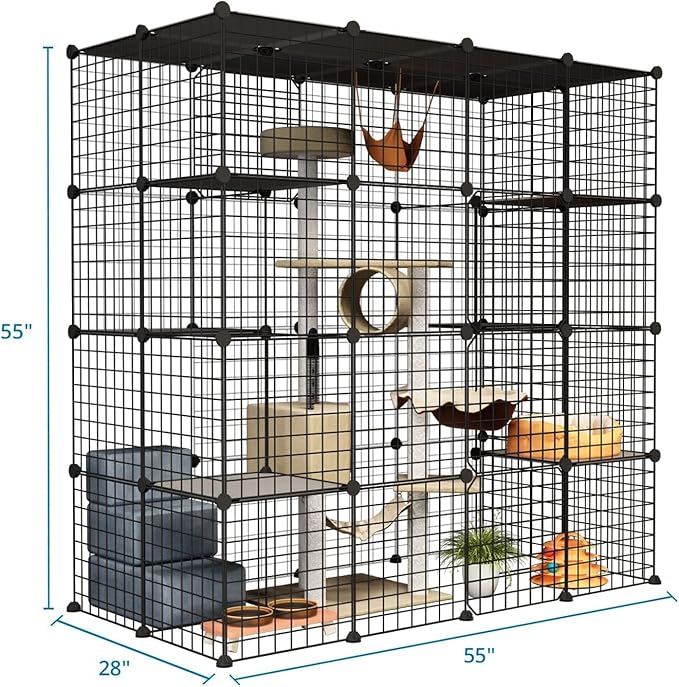 Outdoor Cat House, Cages Enclosure with Super Large Enter Door, 55.1L x 27.6W x 55.1H Balcony Cat Playpen with Platforms,DIY Kennels Crate, Exercise Place Ideal for 1-4 Cats, BLACK