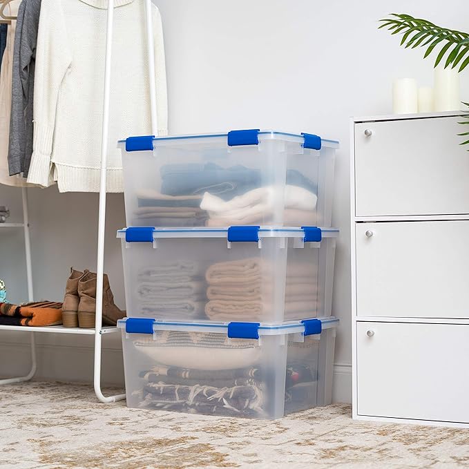 IRIS USA 60 Qt Storage Box with Gasket Seal Lid, 3 Pack - BPA-Free, Made in USA - Heavy Duty Moving Containers with Tight Latch, Weather Proof Tote Bin, WEATHERPRO - Clear/Blue