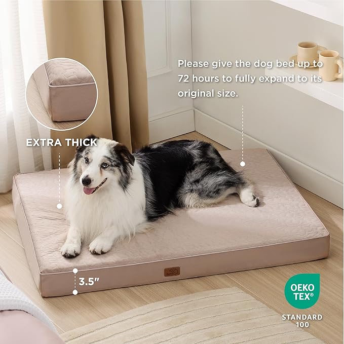 Bedsure Large Orthopedic Dog Bed for Large Dogs - Memory Foam Dog Beds, 2-Layer Thick Pet Bed with Removable Washable Cover and Waterproof Lining (36x27x3.5 Inches), Dog Mattress, Beige