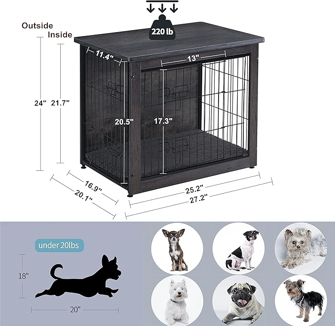 DWANTON Dog Crate Furniture with Cushion, Wooden Crate with Double Doors, Dog Kennel Indoor for Small/Medium/Large Dog, End Table, Small, 27.2" L, Dark Grey