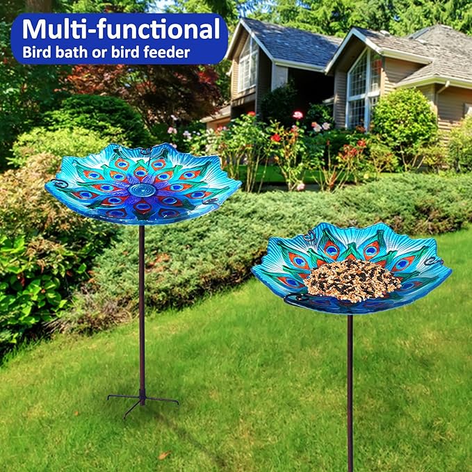 Bird Bath, Glass Bird Bath for Outside, Bird Feeders Bird Bath Bowl for Outdoors with Metal Stake, Peacock Bird Baths for Outdoors Décorations, Standing Small Birdbath for Outside Garden-Peacock Blue