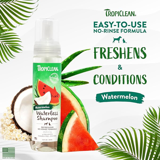 TropiClean Watermelon Waterless Shampoo | Dry Shampoo for Cats & Dogs | Cat & Dog Bath Supplies 7.4 oz | Made in The USA