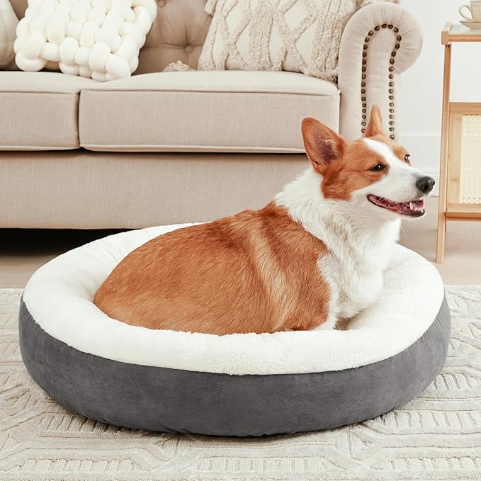 Love's cabin Round Donut Cat and Dog Cushion Bed, 25in Pet Bed for Small or Medium Dogs, Anti-Slip & Water-Resistant Bottom, Soft Durable Fabric Pet Beds, Washable Calming Cat & Dog Bed Dark Grey