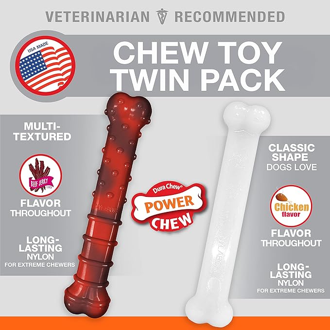 Nylabone Power Chew Classic Bone Chew Toy for Dogs, Durable Dog Toys for Aggressive Chewers, Flavor Frenzy Beef Jerky & Chicken, Large/Giant - Up to 50 lbs. (2 Count)