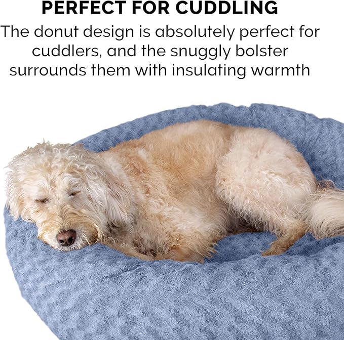 Furhaven 30" Round Donut Dog Bed for Medium/Small Dogs, Refillable w/ Removable Washable Cover, For Dogs Up to 45 lbs - Curly Faux Fur Donut Bed - Fresh Blueberry, Medium