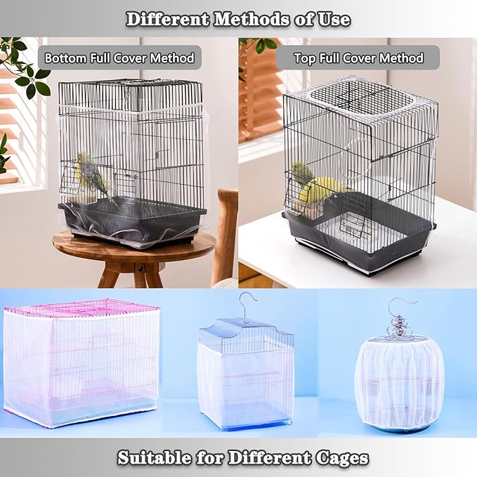 Bird Cage Seed Catcher, Bird Cage Net Cover Adjustable Bird Cage Netting Seed Catcher for Bird Cages Seed Catcher Guard Net Cover Bird Cage Skirt for Parrot Parakeet Macaw Round Square Cages - White