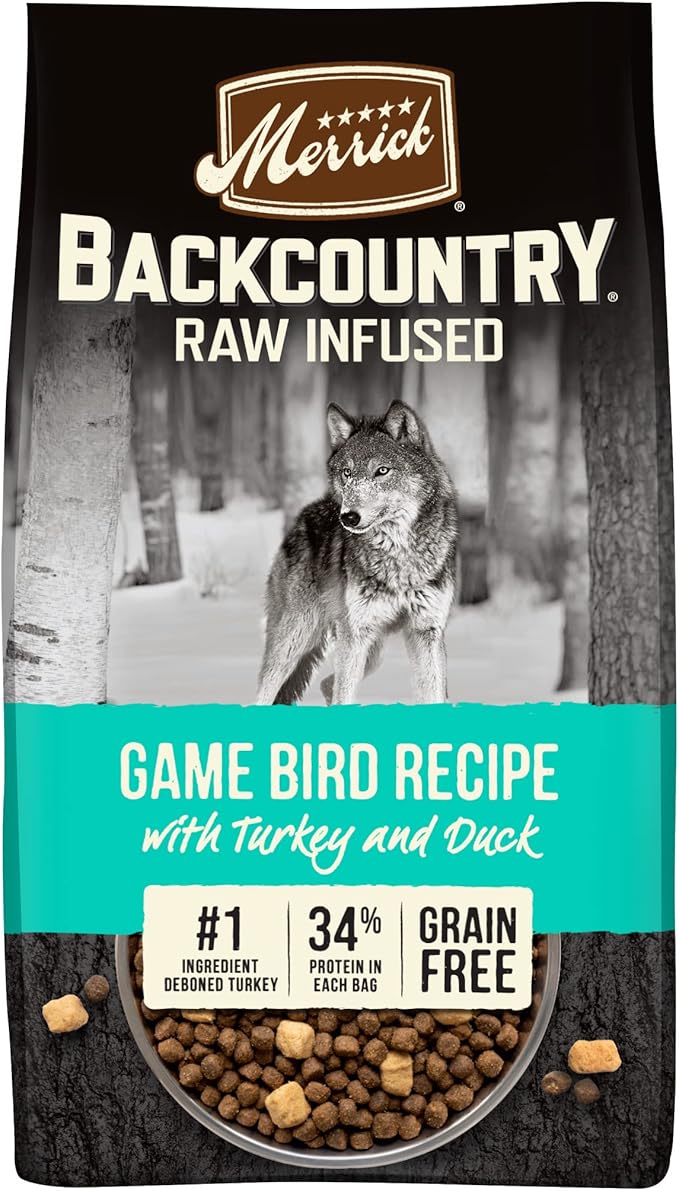 Merrick Backcountry Grain Free Dry Adult Dog Food, Kibble With Freeze Dried Raw Pieces, Game Bird Recipe - 20.0 lb. Bag