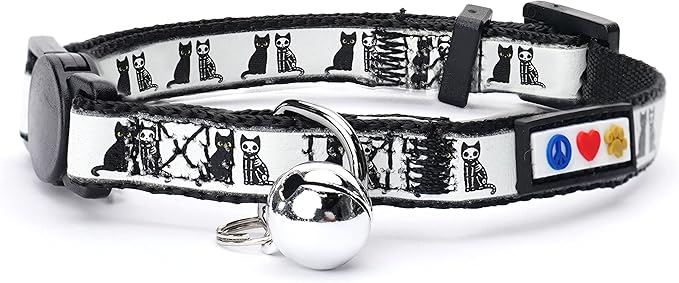 Pawtitas Halloween Cat collars for cats adjustable collar glow in The dark feature and Safety breakaway Buckle and Removable Bell to match your halloween cat's costume - Black Cat Pattern