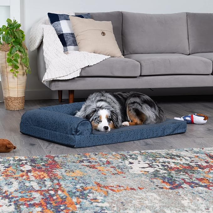 Furhaven Cooling Gel Dog Bed for Large/Medium Dogs w/ Removable Bolsters & Washable Cover, For Dogs Up to 55 lbs - Plush & Almond Print L Shaped Chaise - Blue Almonds, Large