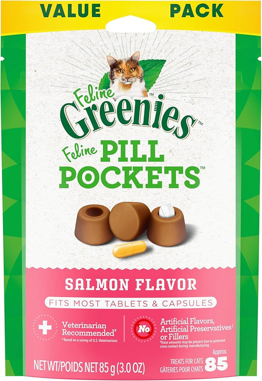 Greenies Feline Pill Pockets for Cats Natural Soft Cat Treats, Salmon Flavor, 3 oz. Pack (85 Treats)