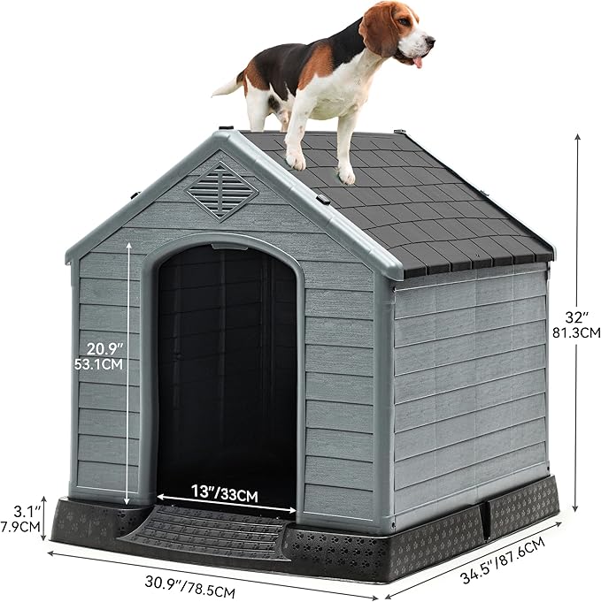 YITAHOME 34.5'' Large Plastic Dog House Outdoor Indoor Doghouse Puppy Shelter Water Resistant Easy Assembly Sturdy Dog Kennel with Air Vents and Elevated Floor (34.5''L*31''W*32''H, Black+Gray)