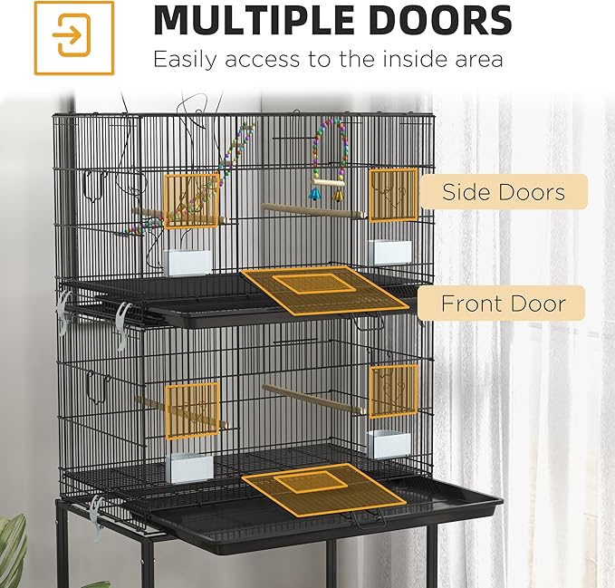 NicBex 64.5" Double Stackable Bird Cage, Large Parakeet Cages with Stand,Pet Flight Birdcage for Parrot Lovebirds Finches Parakeets Budgie Parrotlet Conures,Wooden Swing, Rope Ladder & Wheels,Black